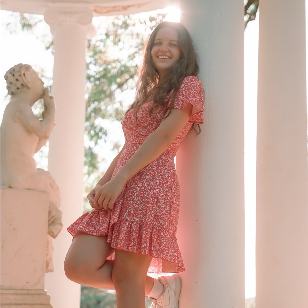 Romwe red with white flowers wrap dress in S